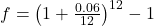 f = \left( 1 + \frac{0.06}{12} \right)^{12} - 1