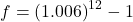 f = \left( 1.006 \right)^{12} - 1