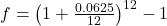 f = \left( 1 + \frac{0.0625}{12} \right)^{12} - 1