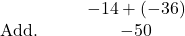 \begin{array}{cccc}& & & \hfill -14+\left(-36\right)\hfill \\ \text{Add.}\hfill & & & \hfill -50\hfill \end{array}