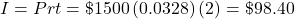  I = Prt = \$1500 \left(0.0328 \right) \left(2\right) = \$98.40