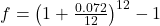 f = \left( 1 + \frac{0.072}{12} \right)^{12} - 1